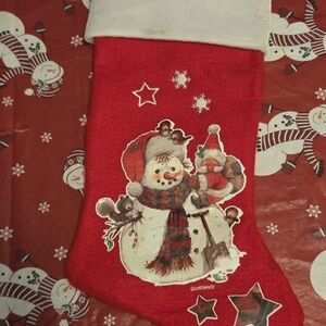 VINTAGE CHRISTMAS STOCKING GIORDANO 1980s Snowman & Santa FUZZY FELT